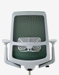 A Soji office chair in the color juniper is displayed against a white background.
