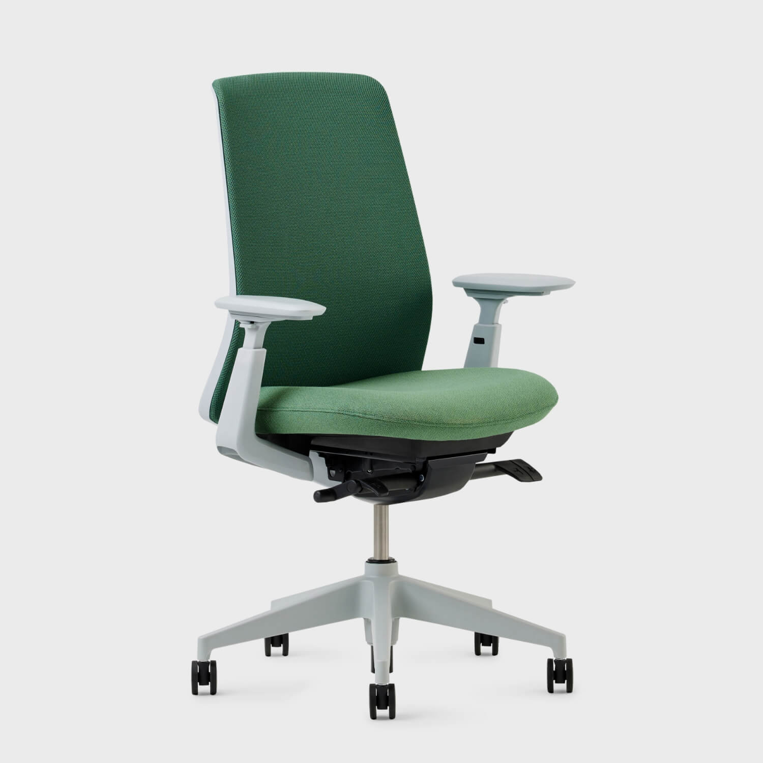 Soji Office Chair in green mesh, featuring adjustable arms and ergonomic design for comfort in any workspace.