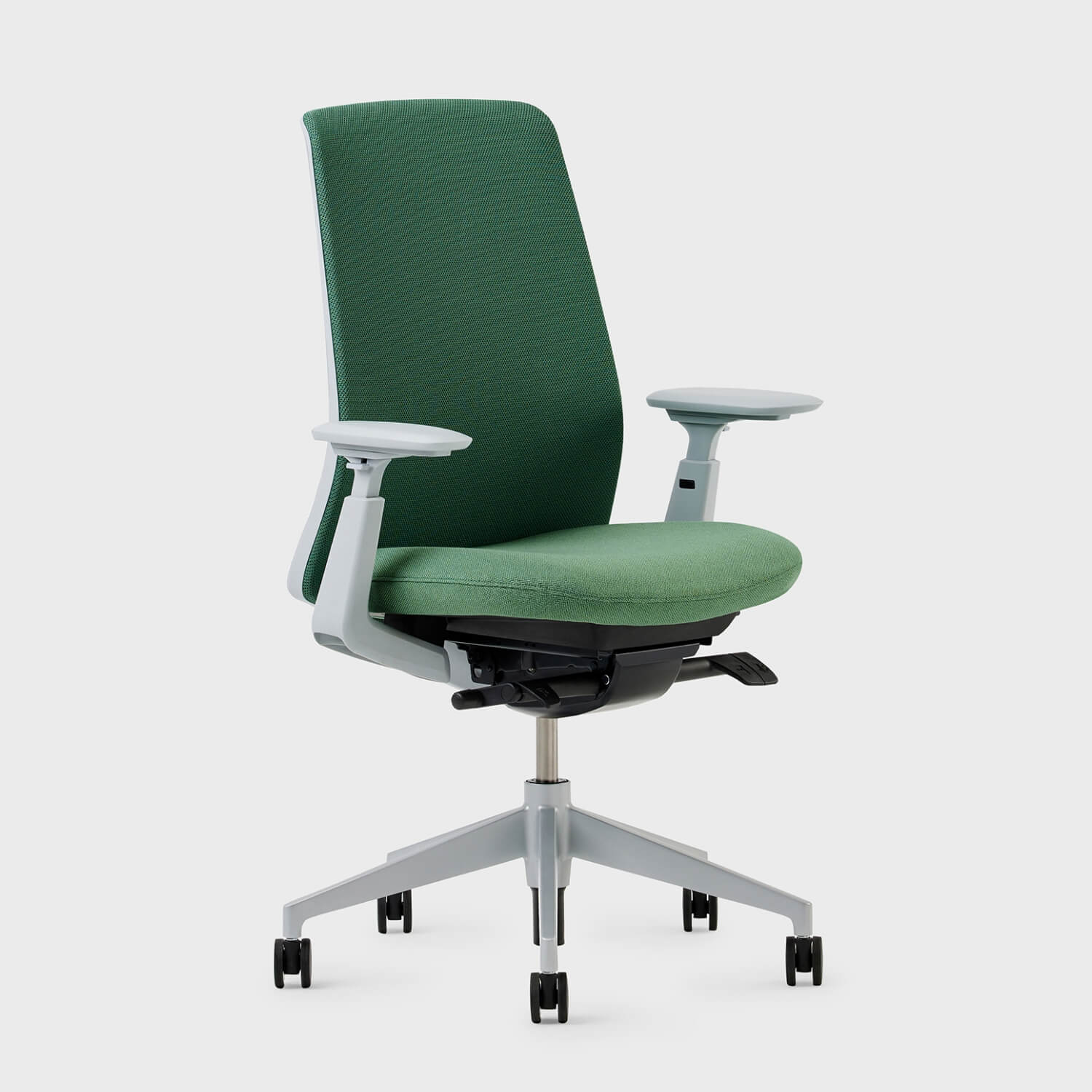Soji Mesh Office Chair in green with adjustable arms and a modern design, perfect for home or office use.