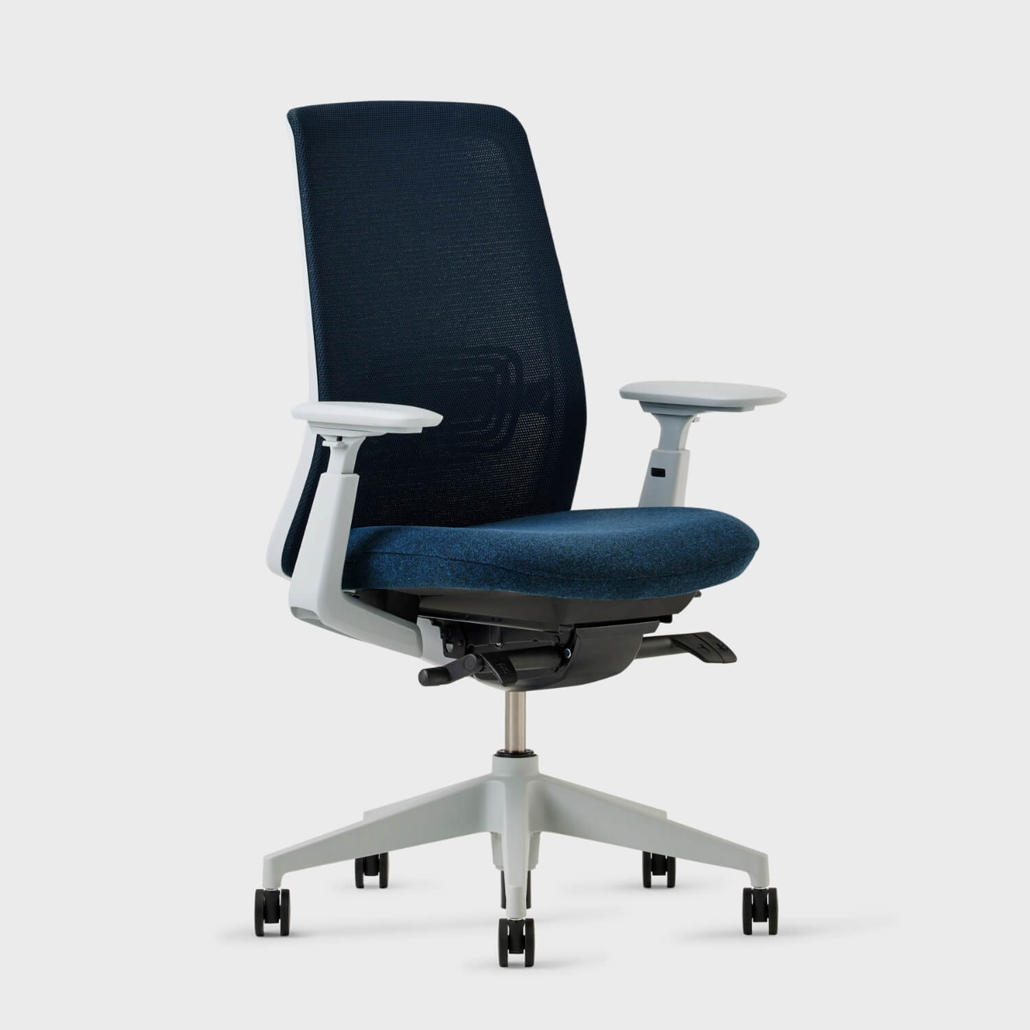 Soji Office Chair in blue mesh, designed for ergonomic support and style, ideal for office environments.