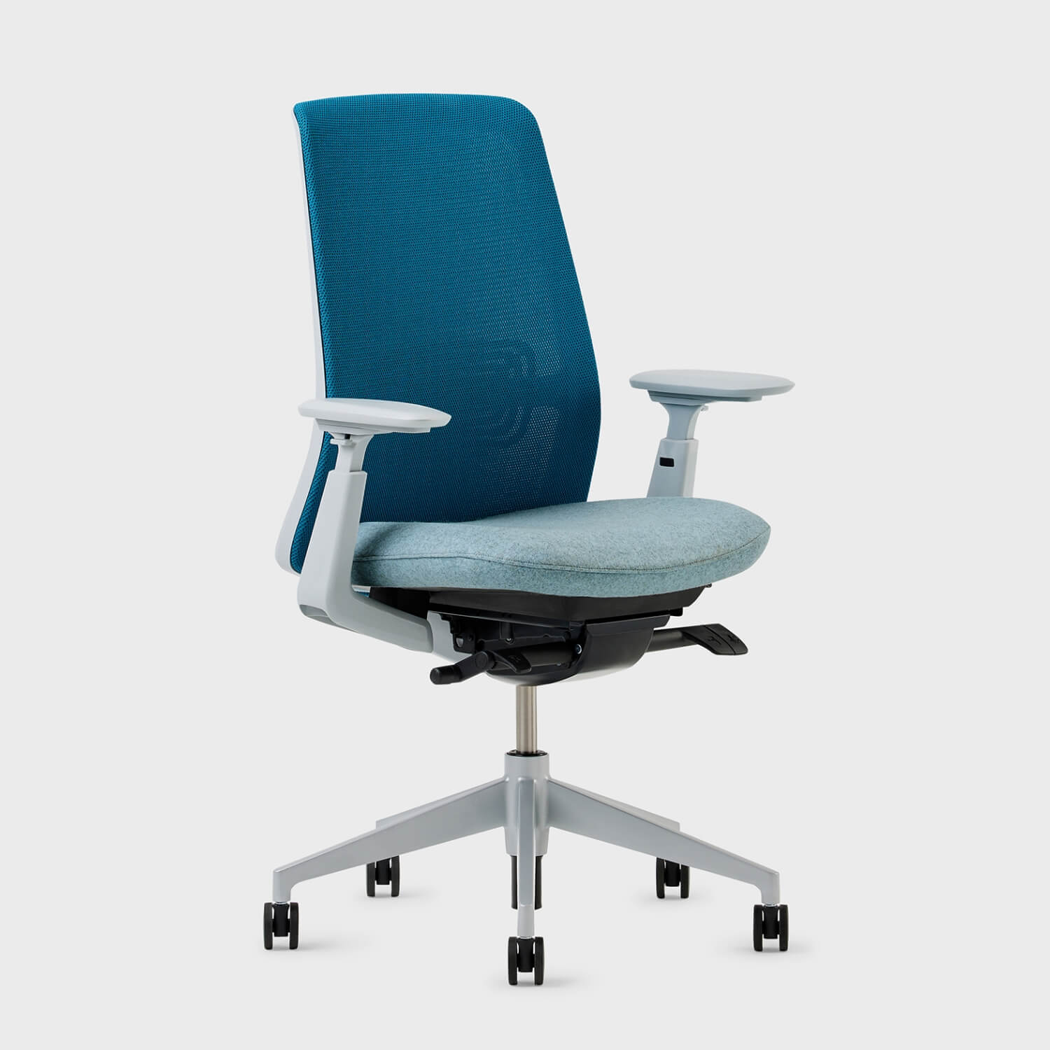 Soji Mesh Office Chair in teal and gray, designed for comfort and ergonomic support in modern office spaces.