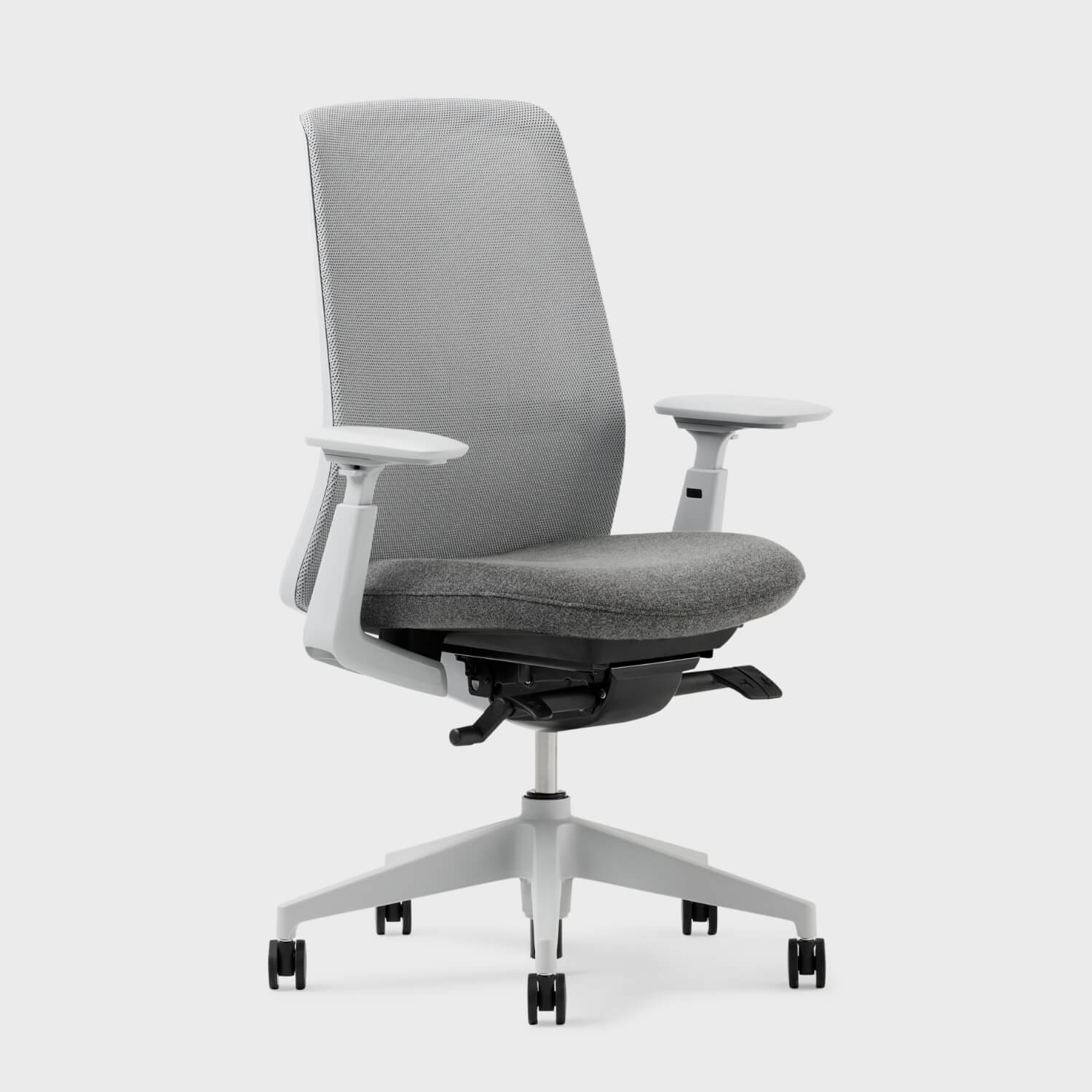 Soji mesh office chair in gray with adjustable armrests, designed for comfort and productivity in any workspace.